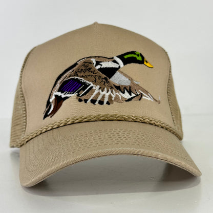 Old School Hats tan Mallard trucker cap with embroidered duck artwork and curved brim