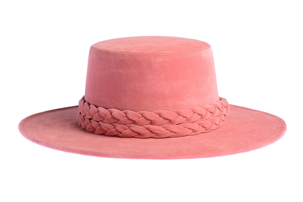 ASN Hats La Vie En Rose pink boater hat, side profile showing the hatband