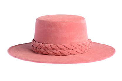 ASN Hats La Vie En Rose pink boater hat, side profile showing the hatband