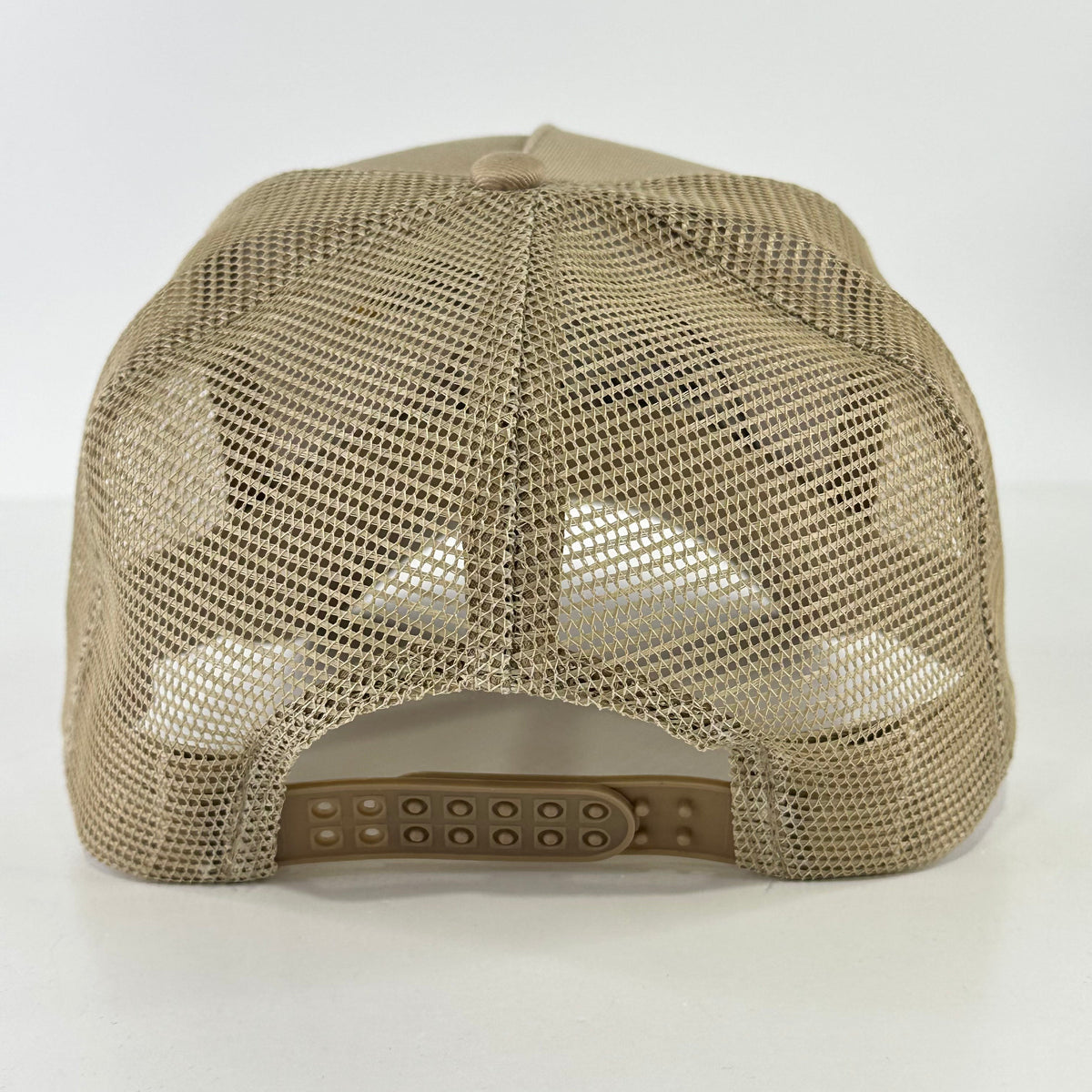 Back of the tan Mallard cap showing mesh panels and adjustable snapback