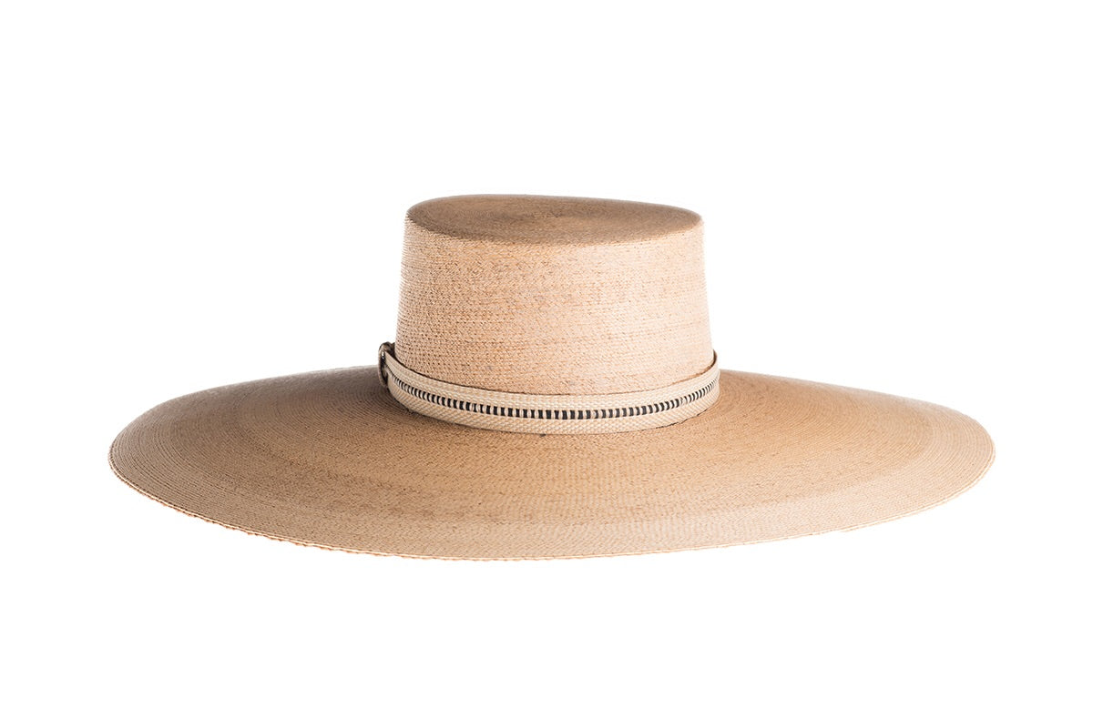 ASN Hats Rosalia natural boater hat, rear view showing the crown and trim
