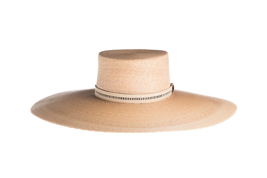 ASN Hats Rosalia natural boater hat, side profile showing the hatband