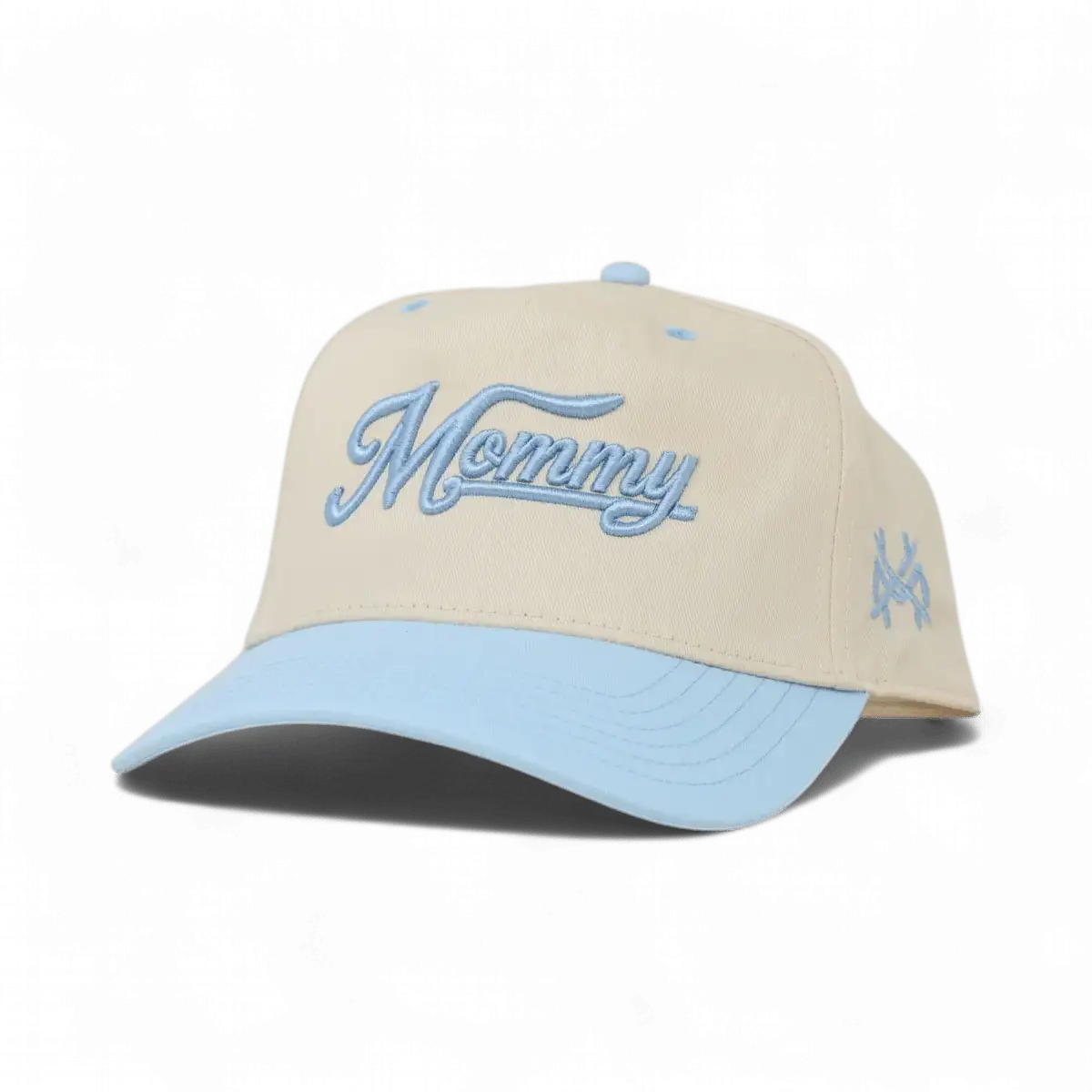 The Mad Hatter Company Mommy Snapback Hat, natural crown with a powder blue bill and blue lettering