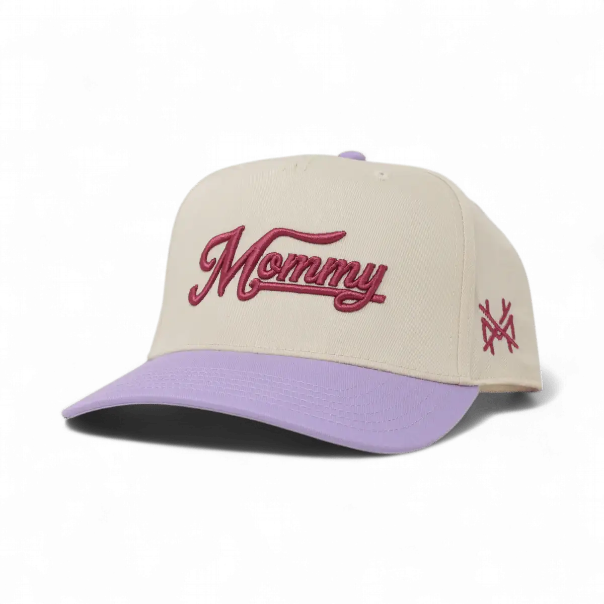 The Mad Hatter Company Mommy Snapback Hat, natural crown with a lavender bill and burgundy script