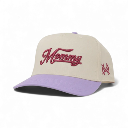 The Mad Hatter Company Mommy Snapback Hat, natural crown with a lavender bill and burgundy script