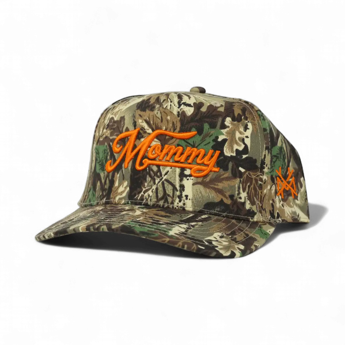 The Mad Hatter Company Mommy Snapback Hat, leaf camouflage cap with orange Mommy embroidery