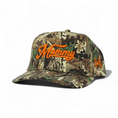 The Mad Hatter Company Mommy Snapback Hat, leaf camouflage cap with orange Mommy embroidery
