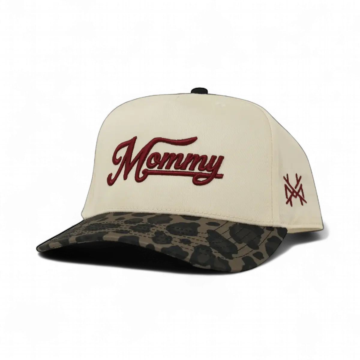 The Mad Hatter Company Mommy Snapback Hat, natural crown with a leopard bill and burgundy embroidery