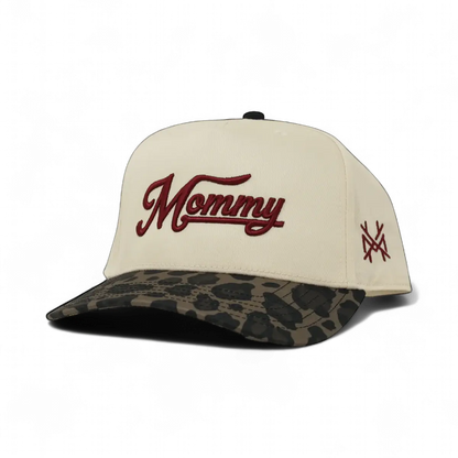 The Mad Hatter Company Mommy Snapback Hat, natural crown with a leopard bill and burgundy embroidery
