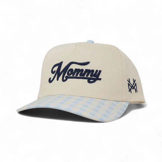 The Mad Hatter Company Mommy Snapback Hat, natural crown with a blue checked bill and blue script