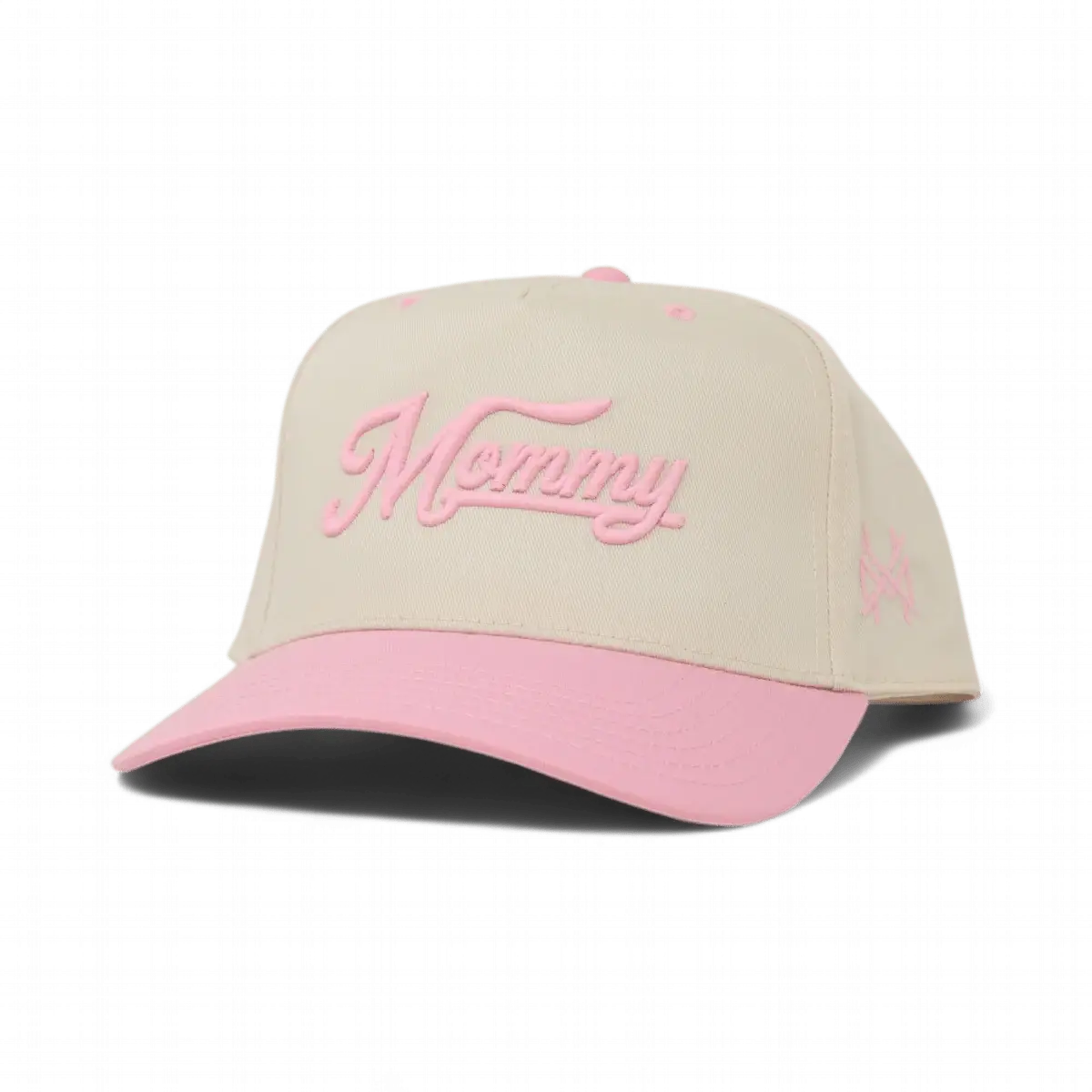 The Mad Hatter Company Mommy Snapback Hat, natural crown with a pink bill and pink script
