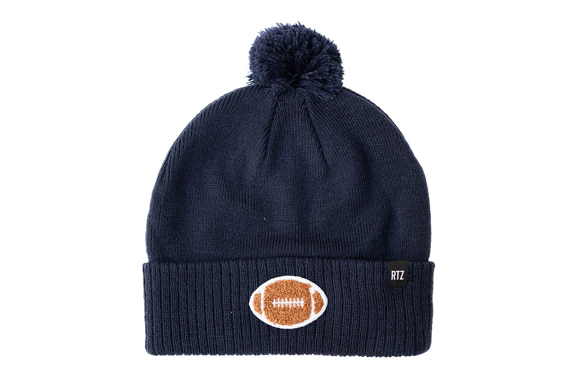 Rey To Z navy football-patch pom-pom hat with a folded cuff