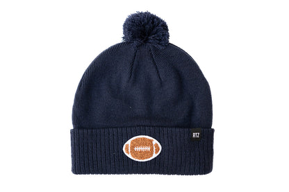 Rey To Z navy football-patch pom-pom hat with a folded cuff