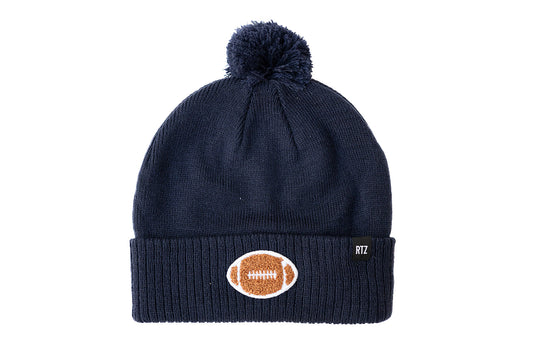 Rey To Z navy football-patch pom-pom hat with a folded cuff
