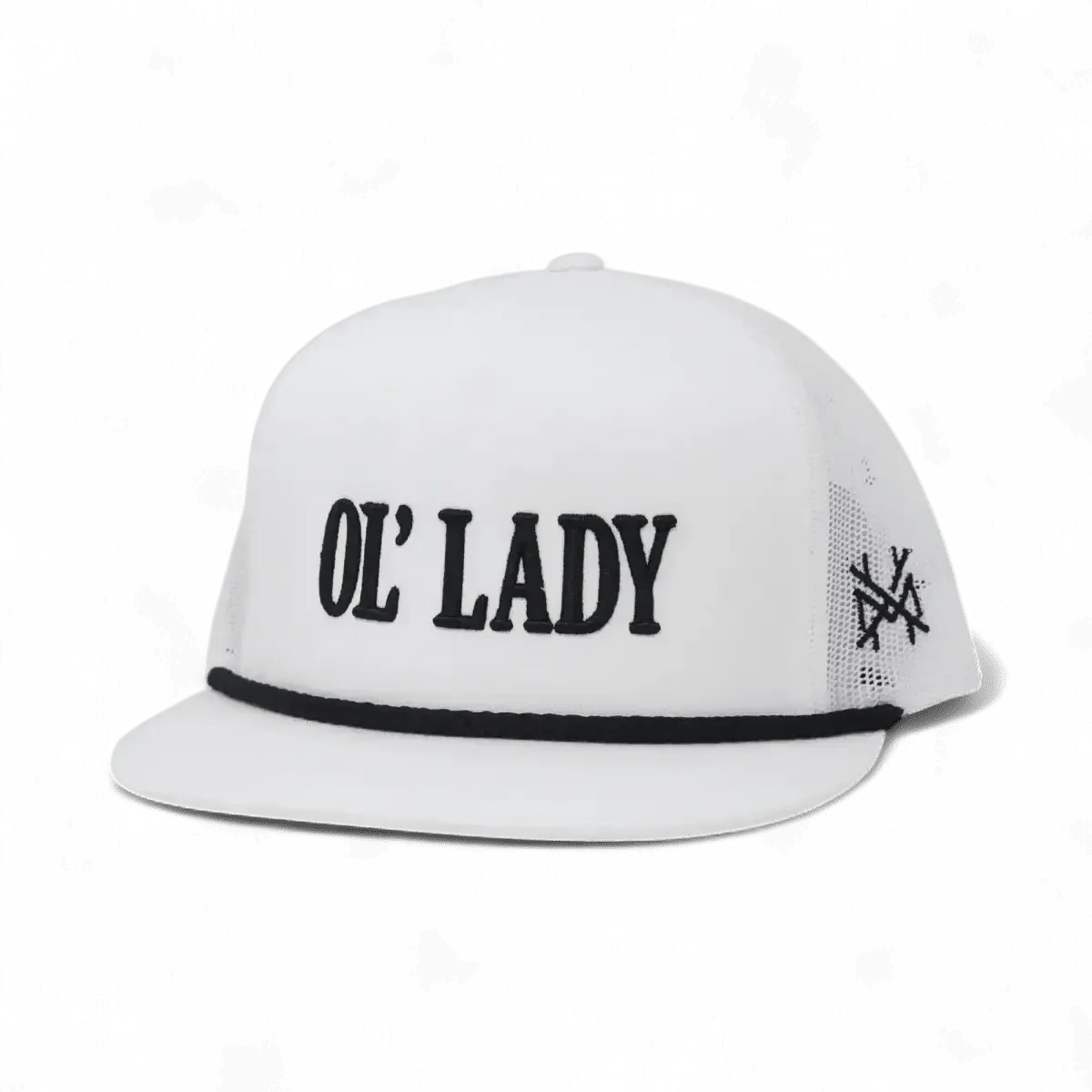 The Mad Hatter Company Ol Lady Snapback Hat, white cap with black rope and Ol Lady embroidery