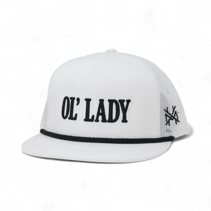 The Mad Hatter Company Ol Lady Snapback Hat, white cap with black rope and Ol Lady embroidery
