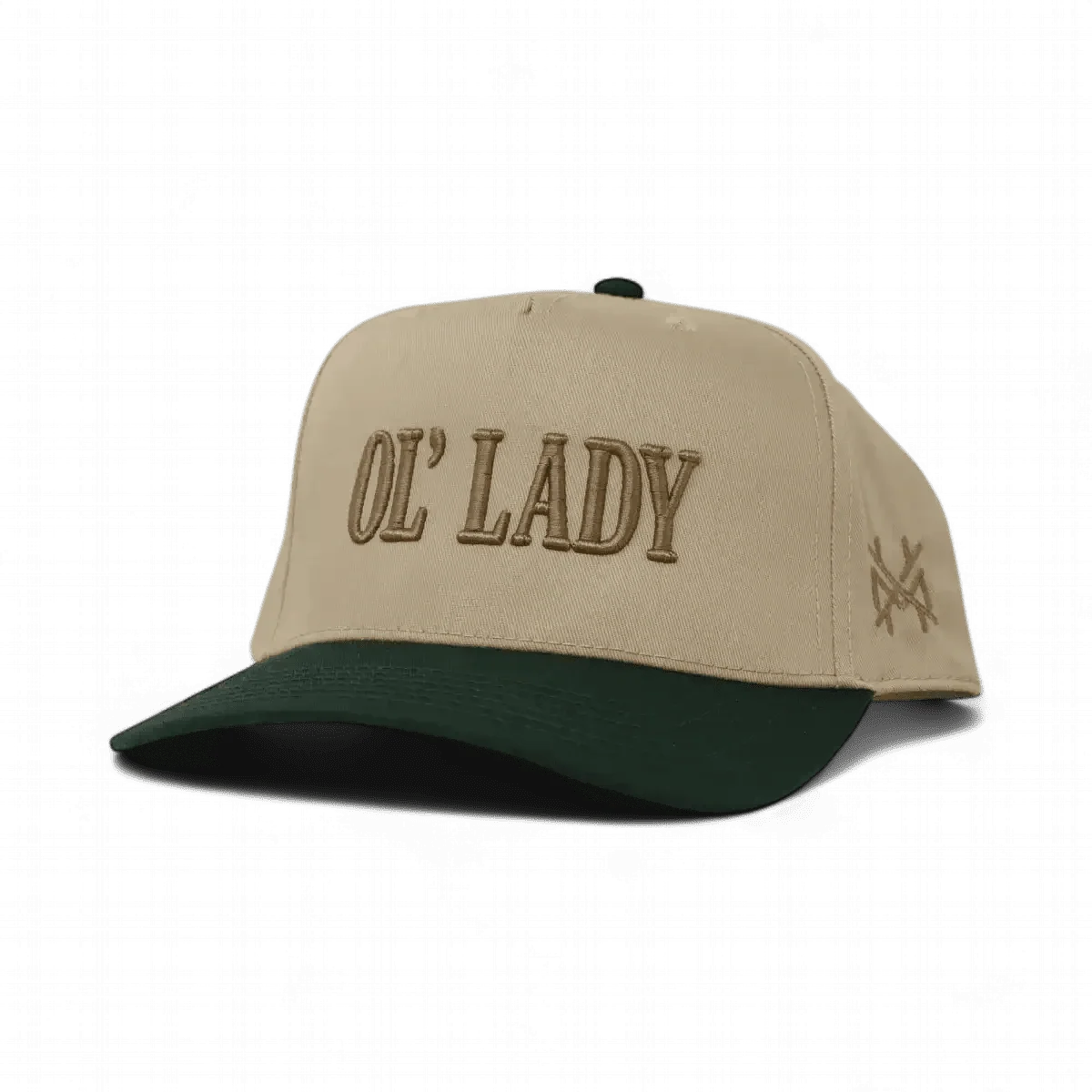 The Mad Hatter Company Ol Lady Snapback Hat, natural crown with a green bill and olive script