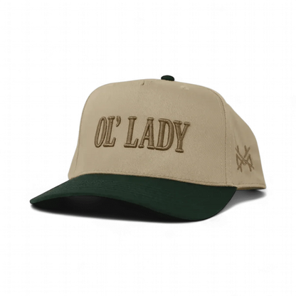 The Mad Hatter Company Ol Lady Snapback Hat, natural crown with a green bill and olive script