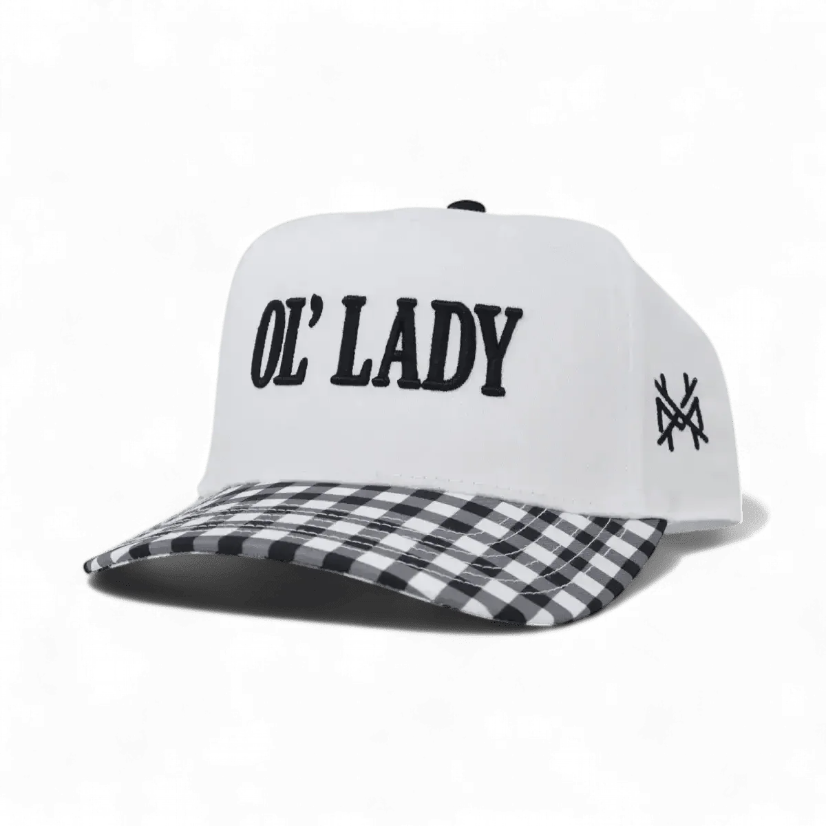 The Mad Hatter Company Ol Lady Snapback Hat, white front with a black checked bill and dark lettering