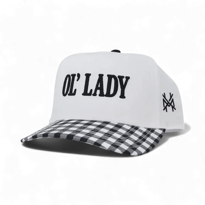 The Mad Hatter Company Ol Lady Snapback Hat, white front with a black checked bill and dark lettering