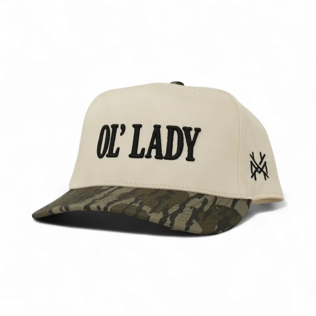 The Mad Hatter Company Ol Lady Snapback Hat, natural crown with a woodland camouflage bill and dark lettering