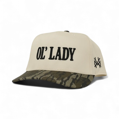 The Mad Hatter Company Ol Lady Snapback Hat, natural crown with a woodland camouflage bill and dark lettering