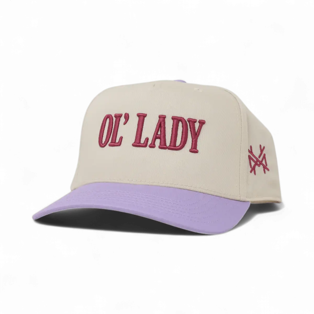 The Mad Hatter Company Ol Lady Snapback Hat, natural crown with a lavender bill and pink lettering