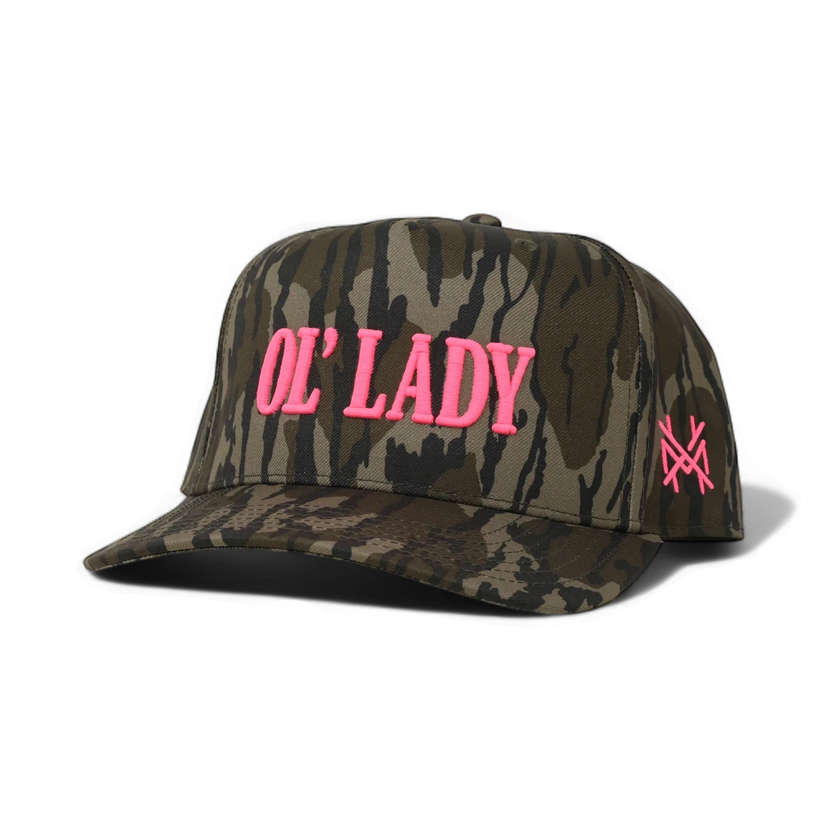 The Mad Hatter Company Ol Lady Snapback Hat, bottomland camouflage cap with pink Ol Lady lettering