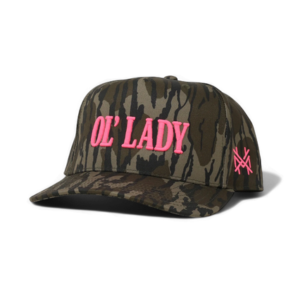 The Mad Hatter Company Ol Lady Snapback Hat, bottomland camouflage cap with pink Ol Lady lettering