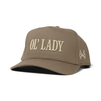 The Mad Hatter Company Ol Lady Snapback Hat, brown cap with pale Ol Lady lettering
