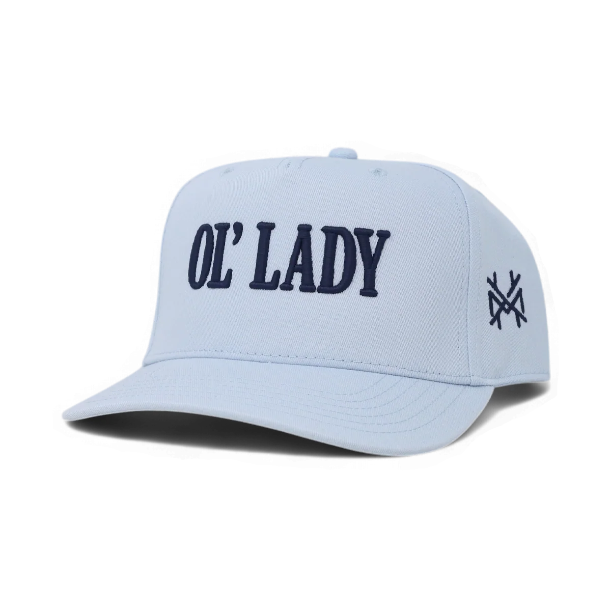 The Mad Hatter Company Ol Lady Snapback Hat, sky blue cap with contrasting dark embroidery
