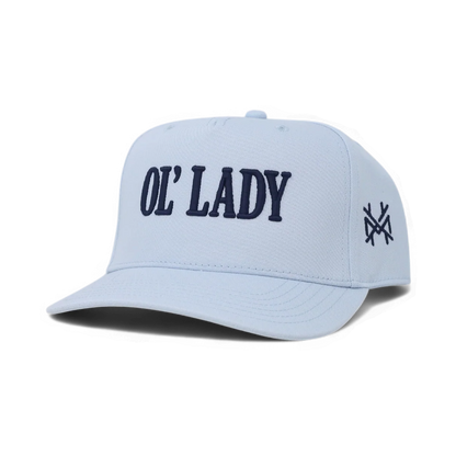 The Mad Hatter Company Ol Lady Snapback Hat, sky blue cap with contrasting dark embroidery
