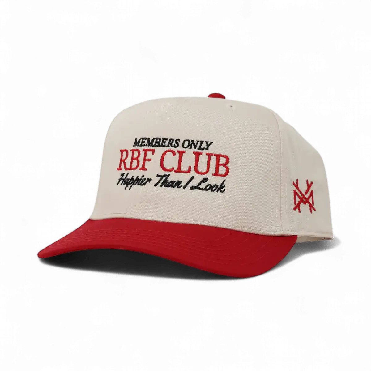 The Mad Hatter Company RBF Club Snapback Hat, natural crown with a red bill and embroidered text