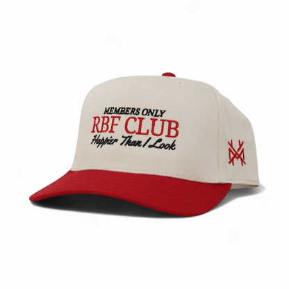 The Mad Hatter Company RBF Club Snapback Hat, natural crown with a red bill and embroidered text