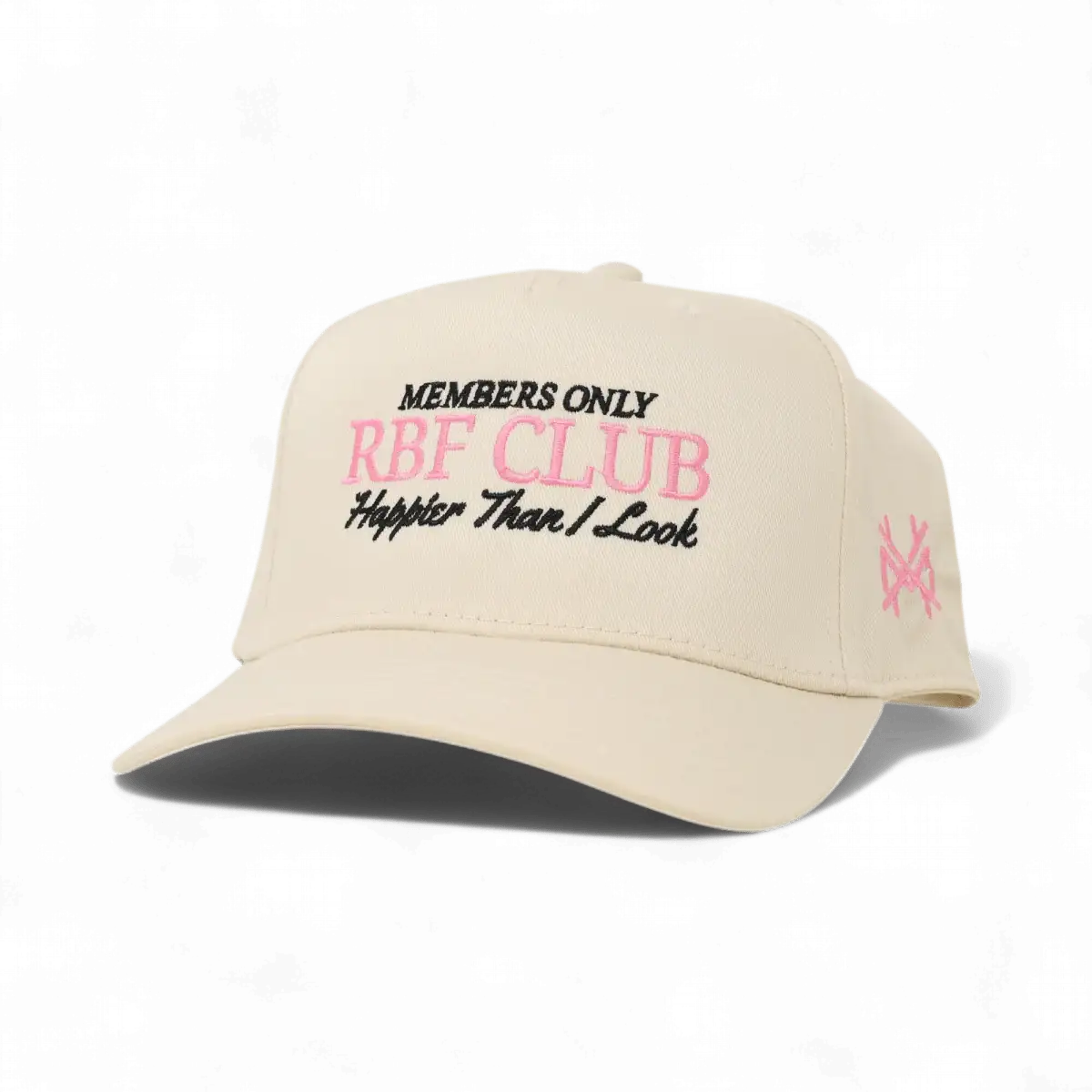 The Mad Hatter Company RBF Club Snapback Hat, natural crown with a pale camouflage bill and pink lettering