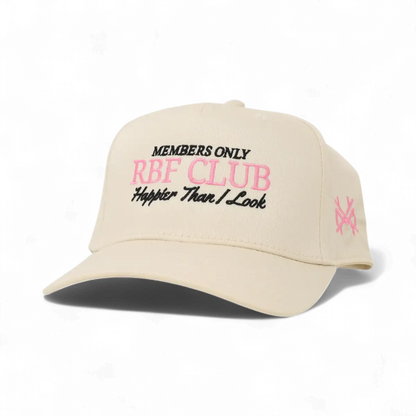 The Mad Hatter Company RBF Club Snapback Hat, natural crown with a pale camouflage bill and pink lettering