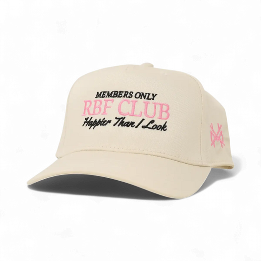 The Mad Hatter Company RBF Club Snapback Hat, natural crown with a pale camouflage bill and pink lettering