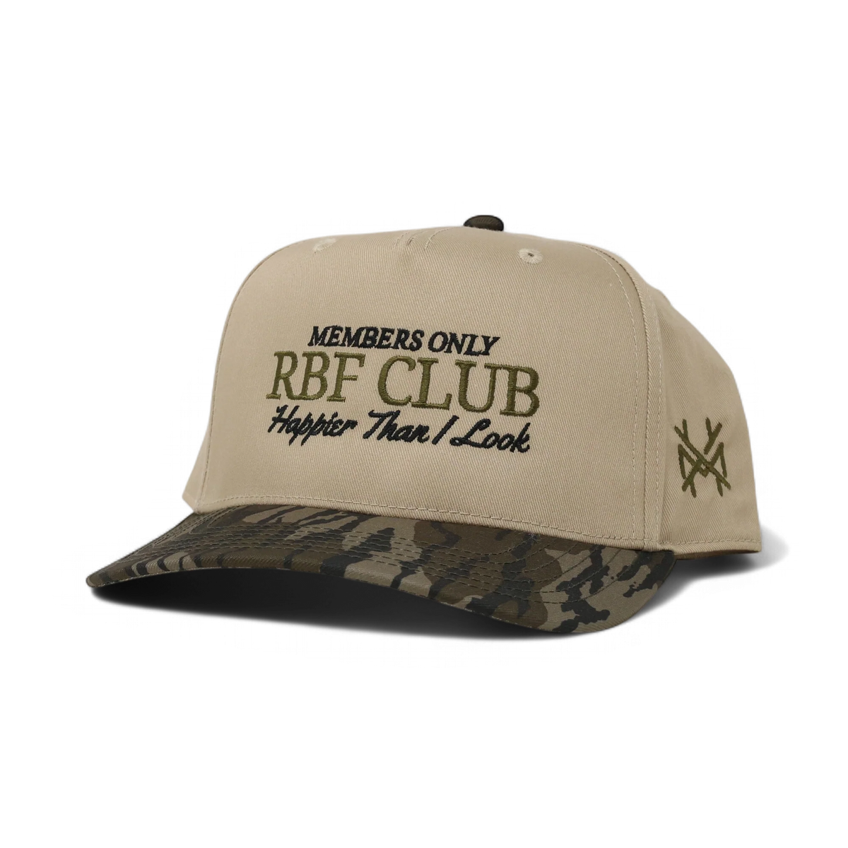 The Mad Hatter Company RBF Club Snapback Hat, khaki crown with a camouflage bill and dark text