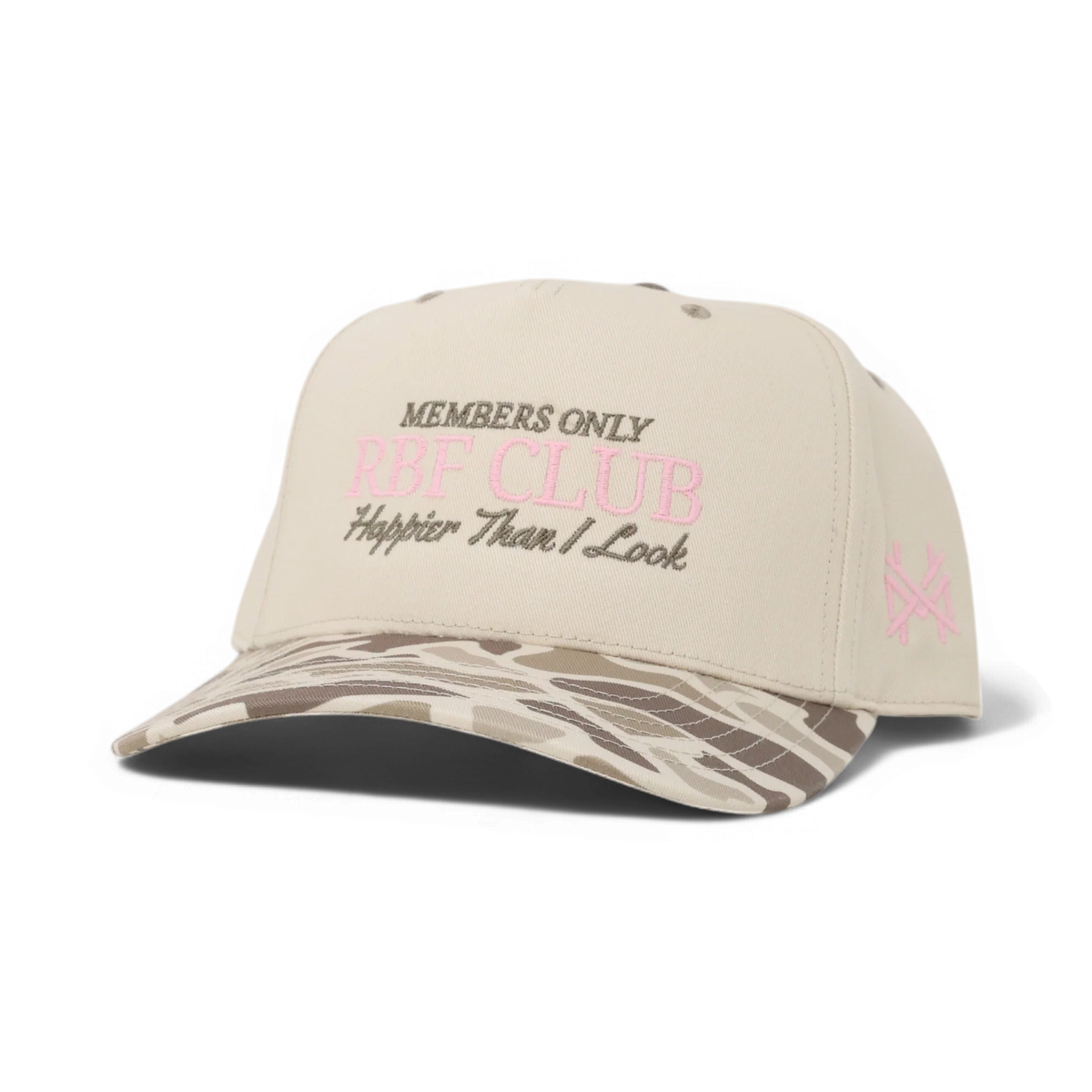 The Mad Hatter Company RBF Club Snapback Hat, natural crown with a pale camouflage bill and pink lettering, alternate angle