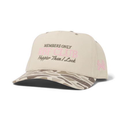 The Mad Hatter Company RBF Club Snapback Hat, natural crown with a pale camouflage bill and pink lettering, alternate angle