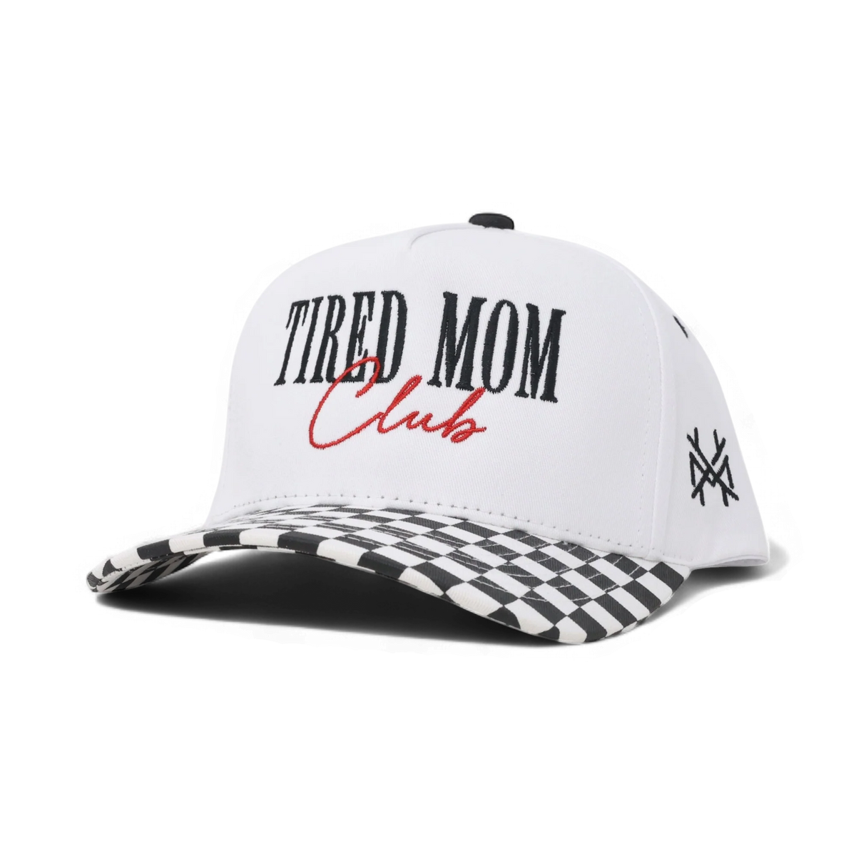 The Mad Hatter Company Tired Mom Club Hat, white front with a black checked bill and red script
