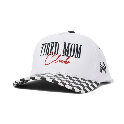 The Mad Hatter Company Tired Mom Club Hat, white front with a black checked bill and red script