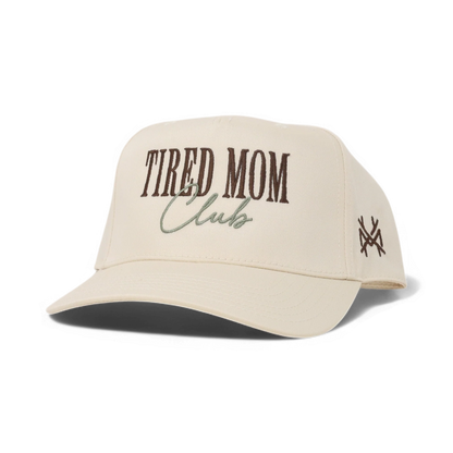 The Mad Hatter Company Tired Mom Club Hat, natural cap with burgundy Tired Mom Club script