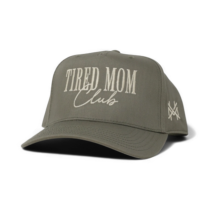 The Mad Hatter Company Tired Mom Club Hat, olive cap with light Tired Mom Club lettering