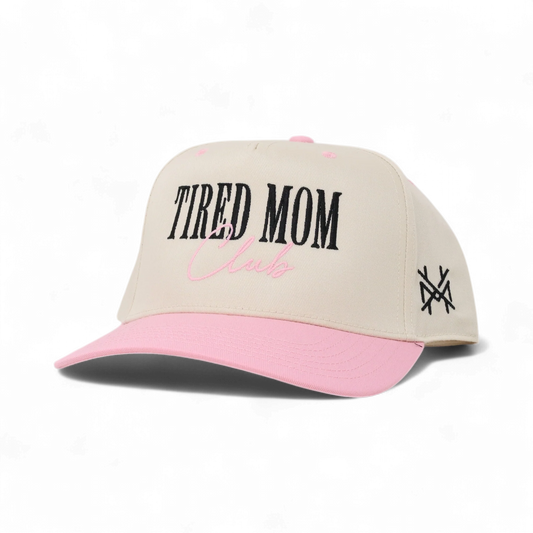 The Mad Hatter Company Tired Mom Club Hat, natural crown with a pink bill and embroidered script