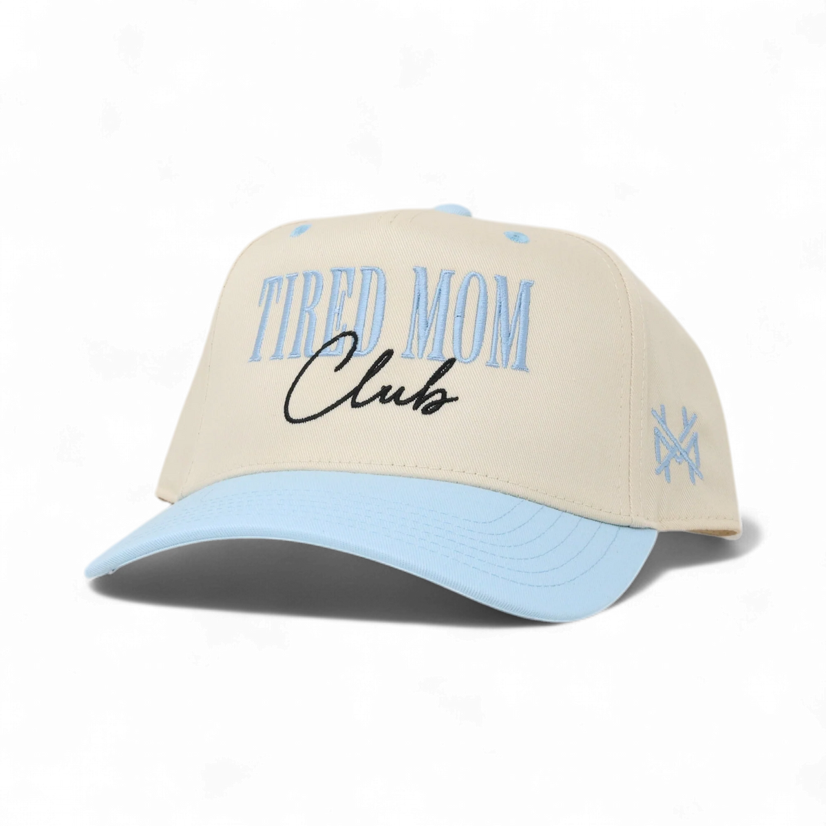 The Mad Hatter Company Tired Mom Club Hat, natural crown with a powder blue bill and blue script
