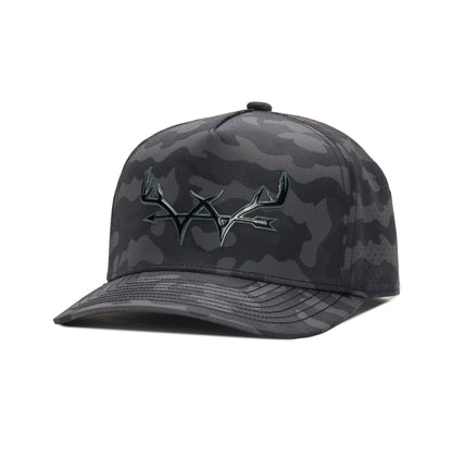 Webb Western Midnight Camo cap, angled front showing the crown design and brim