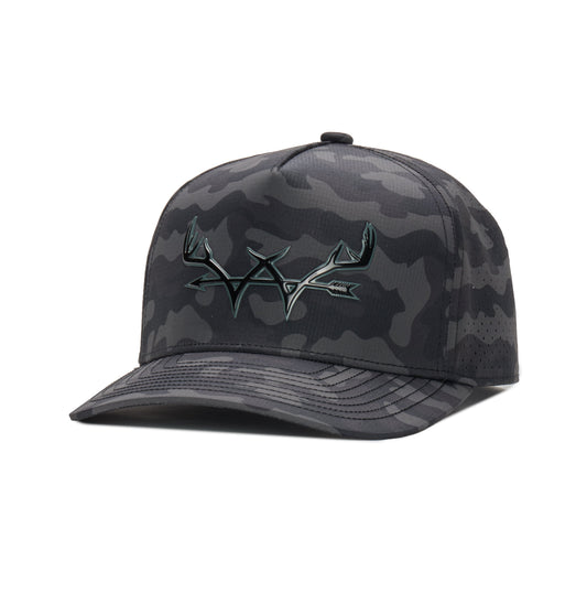 Webb Western Midnight Camo cap, angled front showing the crown design and brim